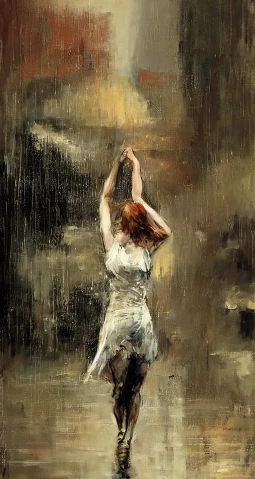 Image similar to painting of a beautiful girl, dancing in the rain, by Jeremy Mann and Jason Jenicke, 70mm, cinematic, highly detailed, stylized, loose brush strokes, intricate, realistic, exaggerated lighting, dramatic lighting, sense of scale, sense of movement, sensual