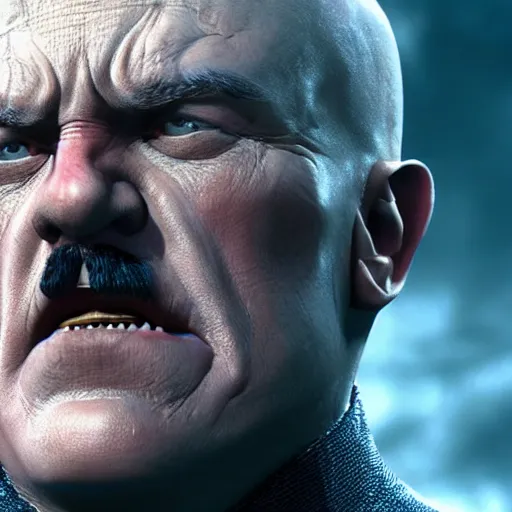 Image similar to Hitler cast as Thanos, still from marvel movie, hyperrealistic, 8k, Octane Render,