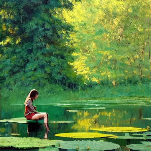 Image similar to Painting. a young girl is sitting on the edge of a pond, with her feet in the water. She is looking at a frog that is sitting on a lily pad in the pond. pine green by Wadim Kashin, by Bruce Munro earthy