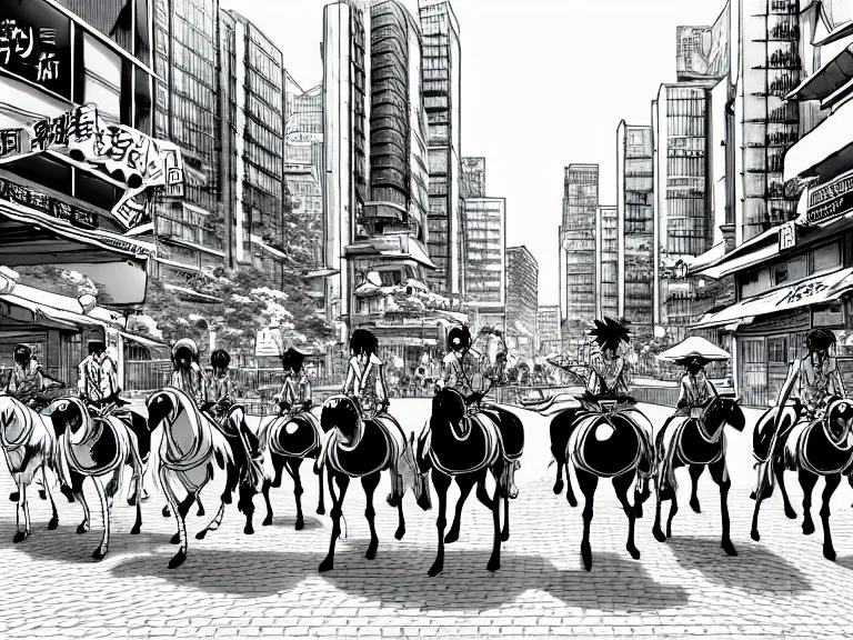 Prompt: Riding horses on the streets in a busy modern city center, in the style of Manga, Eichiro Oda, hyper detailed