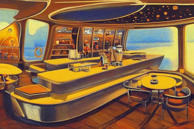 Image similar to coffee shop in a spaceship by robert theodore mccall