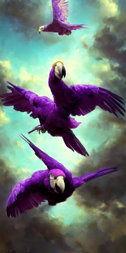 Image similar to a painting of a purple parrot flying through the sky, poster art by raymond swanland, deviantart, fantasy art, christian, deviantart, mystical