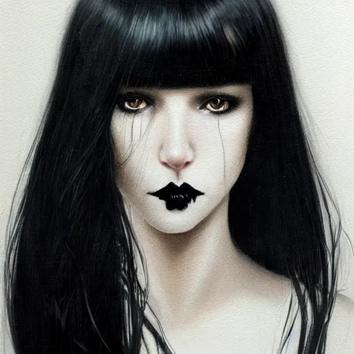 Prompt: facial portrait of a young goth girl in flowing dress, arrogant, mysterious, long fine black hair, delicate, looking at camera!!!, slightly awkward smile!, realistic face, no hands visible, intricate, stylish, elegant, grimdark fantasy, vibrant, extremely detailed painting by Greg Rutkowski and Steve Henderson and Harumi Hironaka