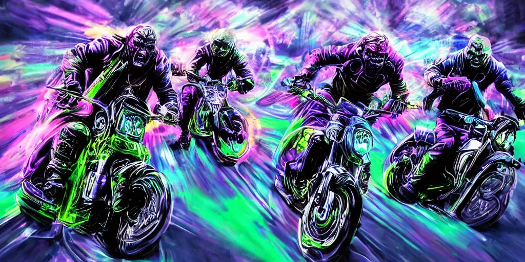 Image similar to psychedelic blacklight airbrush artwork, motorcycles, hyper stylized action shot of orc bikers racing on motorcycles, menacing orcs, drifting, skidding, wheelie, clear focused details, soft airbrushed artwork, black background, cgsociety, artstation