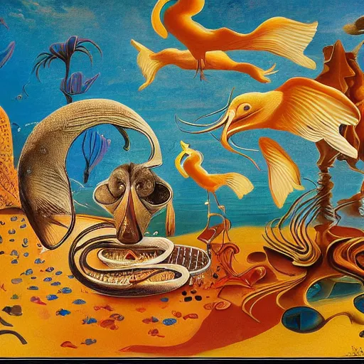 Image similar to a beautiful abstract with goldfish, pelicans and a human couple in an alien landscape by salvador dali and gerald brom w 1 0 2 4