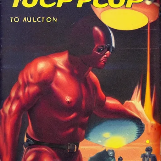 Prompt: book cover of a sci-fi pulp paperback from the 1970s.