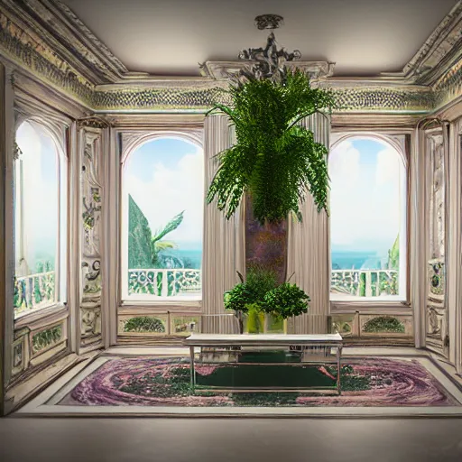 Image similar to vaporwave mansion, liminal space, high detail, rendered in unreal engine, 3d render, god rays, volumetric lighting, large windows, baroque, vegetation