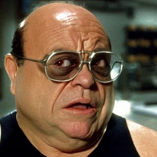 Prompt: Danny Devito as the T1000 terminator movie still, extremely realistic