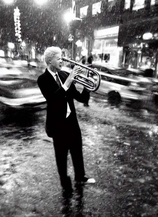 Prompt: an overexposed grainy fujifilm photograph of Bill Clinton Playing a seven headed saxaphone on a street corner at night in the rain