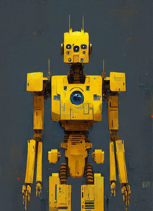 Prompt: tall strong intricate yellow pit droid, flat head painterly mecha, by Greg Rutkowski