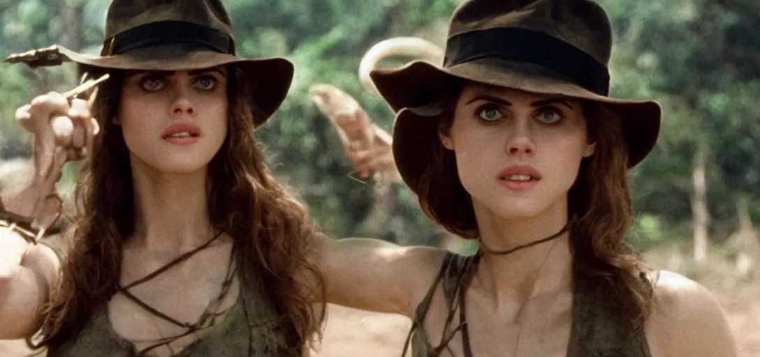 Image similar to still of alexandra daddario as indiana jones in raiders of the lost ark ( 1 9 8 1 )