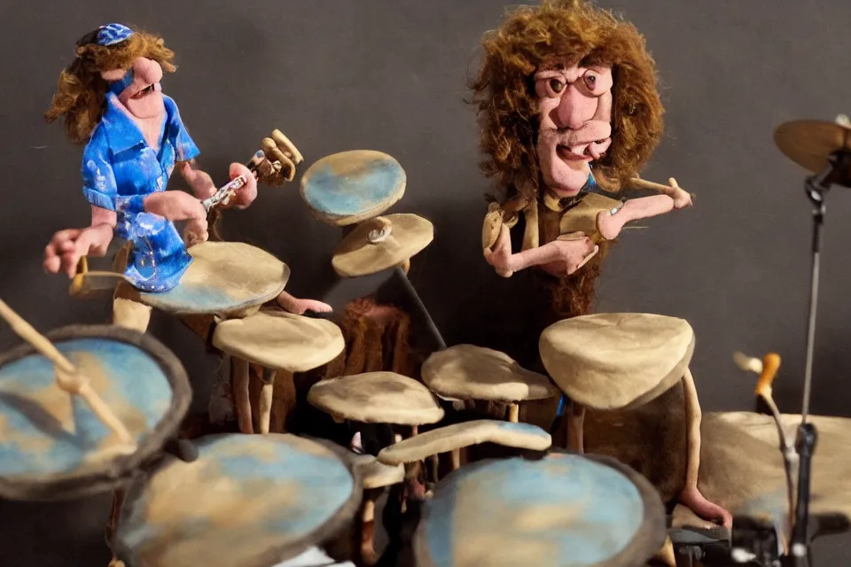 Image similar to a claymation film still of a curly long hair drummer playing the drum set. claymation by bruce bickford