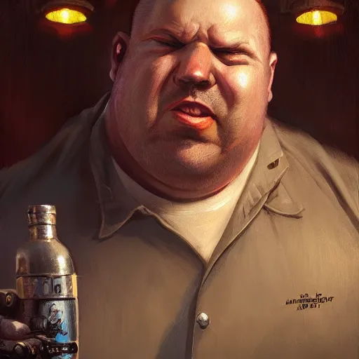 Image similar to closeup portrait of an overweight barkeeper with a prosthetic robot arm, ratz, neuromancer, bar background, painted by greg rutkowski, painted by igor kieryluk, high detail, dramatic light, digital art, trending on artstation