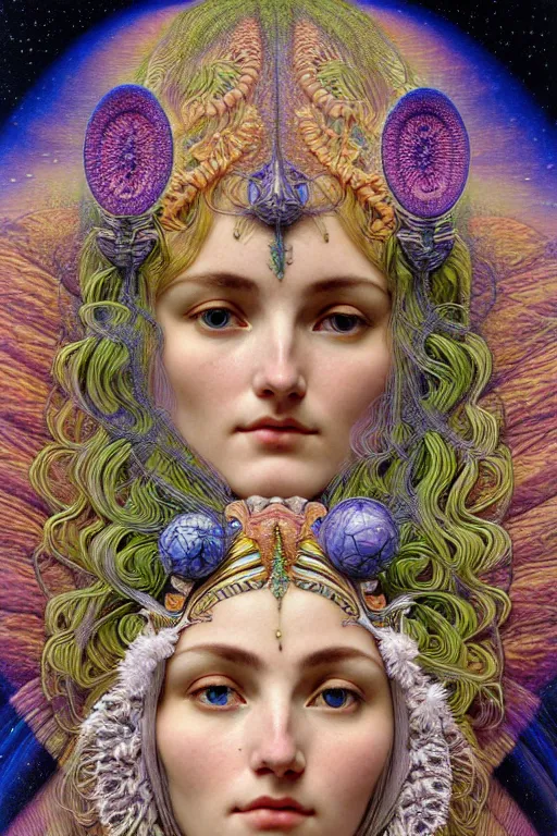Image similar to hyperrealistic detailed face portrait of the beautiful goddess of the northern lights with an intricate headgear of a beautiful landscape, art by ernst haeckel, john william godward, android jones, alphonso mucha, h. r. giger, gothic - cyberpunk, ornamental, dimmed pastel colours,