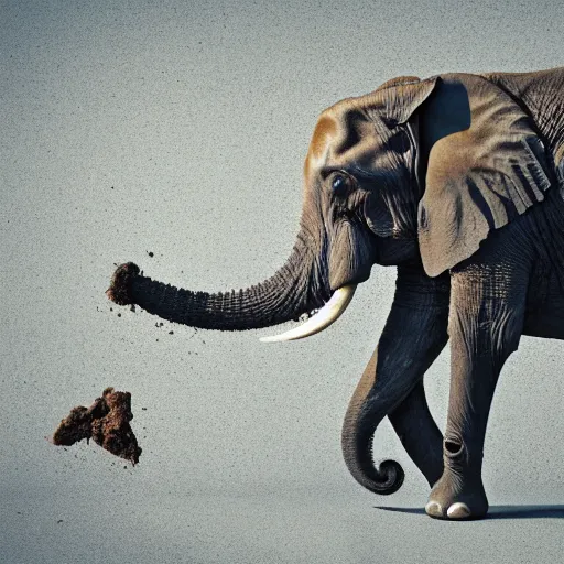 Image similar to an elephant falling apart and crumbling to dust to the air, photorealistic