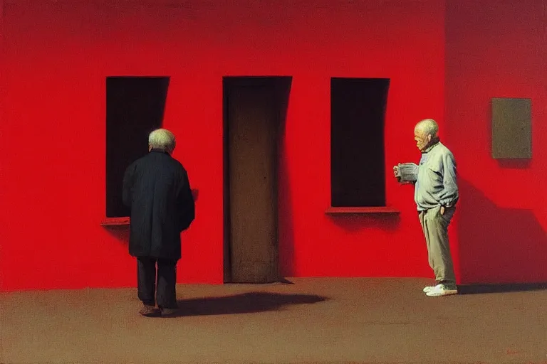 Image similar to only with red, a red old man try to sell a portrait, in a square, crowd cheering, in the style of beksinski, parts by edward hopper, parts by rodcenko, parts by yue minjun, intricate and epic composition, red by caravaggio, insanely quality, highly detailed, masterpiece, red light, artstation, 4 k