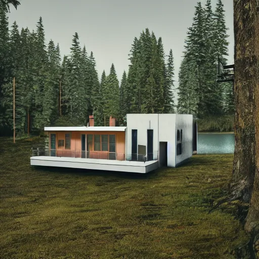 Image similar to wes anderson style modern futuristic house near the lake and forest, cinematic, realism, photo, hd