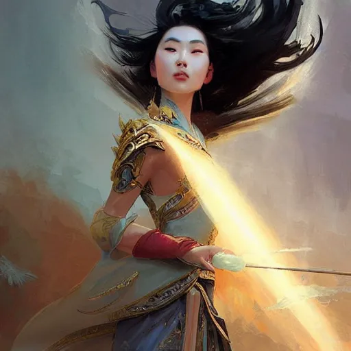 Image similar to chinese goddess emperess mulan in the style of craig mullins, greg rutkowski, peter mohrbacher, and drew struzan. epic, majestic, awe inspiring, god rays, fissures, divine, church painting, intricate armor, extreme detail, high octane, cartoonish