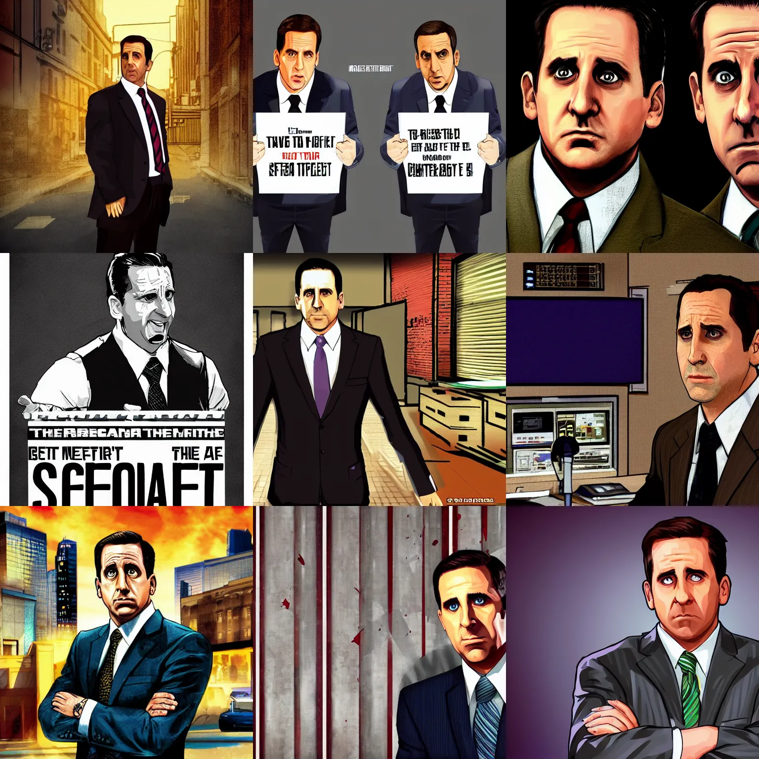 Prompt: Michael Scott from The Office. GTA loading screen art by Stephen Bliss