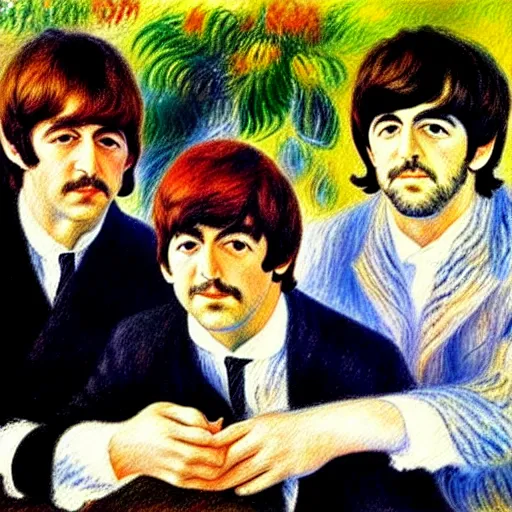 Image similar to Painting of The Beatles, in the style of Renoir, impressionism, oil on canvas