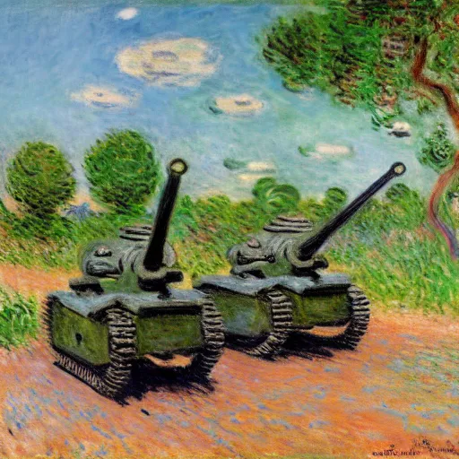 Image similar to tortoises next to artillery guns by claude monet