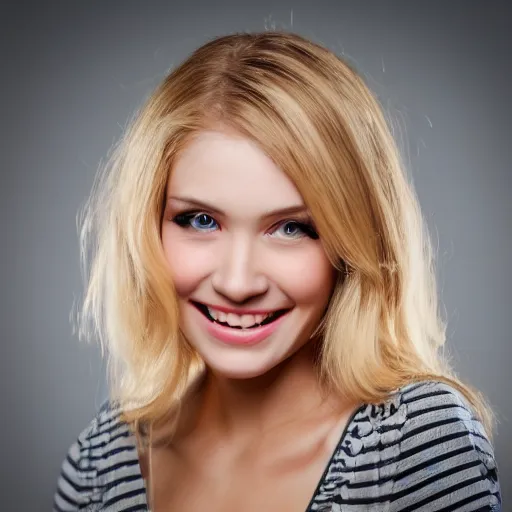 Prompt: photo of gorgous blonde girl smiling at the camera