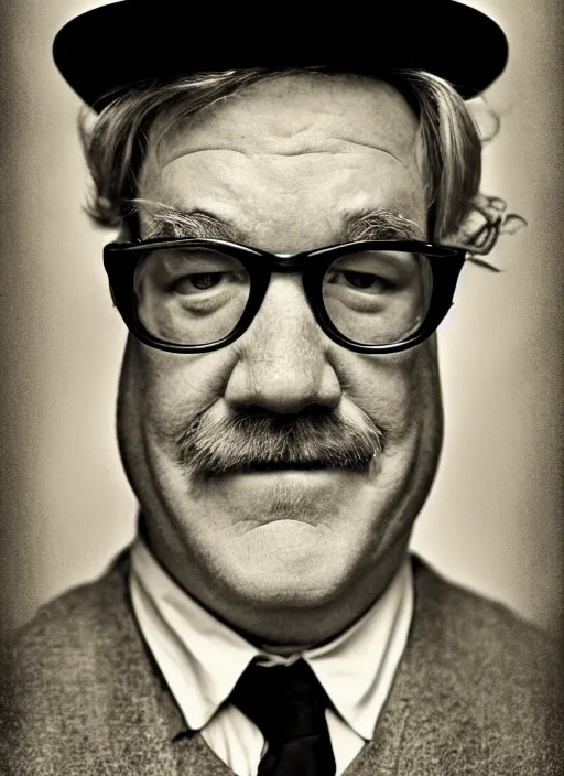 Image similar to seymour hoffman as Mayor Humdinger wearing a tophat in the style of Lee Jeffries, award-winning, detailed, Sony a7R