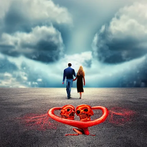 Image similar to couple walking hand in hand, in heaven and hell at the same time, surrealistic realistic octane render, detailed