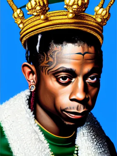 Prompt: lil wayne, wearing a crown : : painted by kehinde wiley : : baroque, hyperreal, digital painting