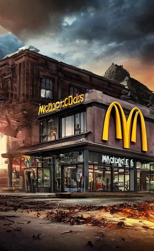 Image similar to beautiful epic photo of uk mcdonalds in an apocalypse. thunder, lightning, fantasy art, hd, hq. very detailed.