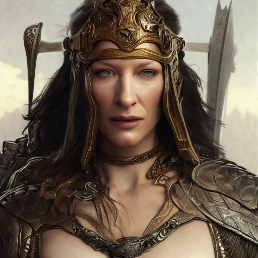 Image similar to cate blanchett as conan the barbarian, intricate, elegant, highly detailed, digital painting, artstation, concept art, smooth, sharp focus, illustration, art by artgerm and greg rutkowski and alphonse mucha and william - adolphe bouguereau