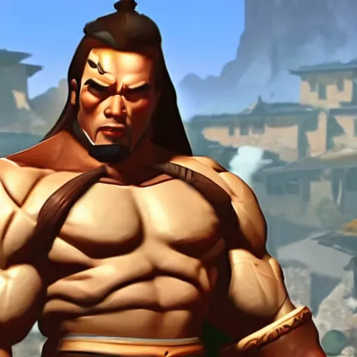 Prompt: a screenshot of arnold schwarzenegger as hanzo in overwatch