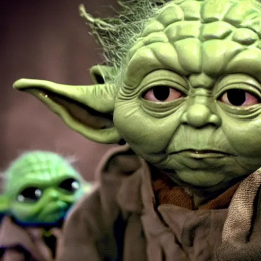 Prompt: Yoda surrounded by evil killer dolls 8k hdr movie still