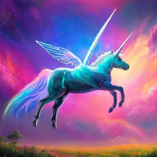 Image similar to an iridescent unicorn with translucent wings frolicking in a field of marijuana, a nebula is in the sky, oil painting, fantasy art, concept art, highly detailed, high quality, 8 k, masterpiece