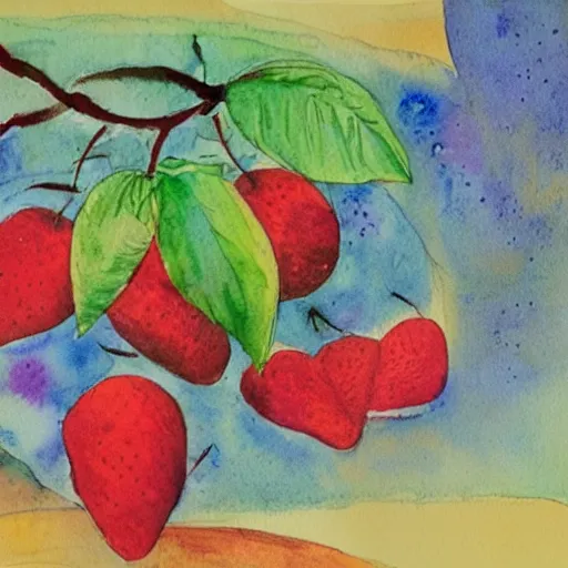 Image similar to watercolor and collage by eric carle, of a man day dreaming about fruit, peaceful mood