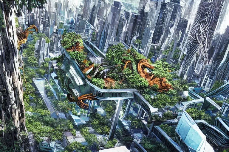 Image similar to birds eye view of a gigantic drift wood monster looming over a bright and lush futuristic city by Makoto Aida