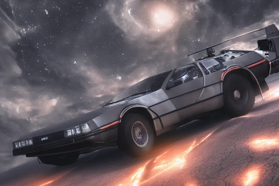 Image similar to ultra realistic delorean dmc 5 drifting on an ancient space highway in space, motion render, dark cinematic, volumetric, realistic, 3 d render, realistic render, cinematic lighting, volumetric lighting, atmospheric, cinematic, unreal engine 5, unreal engine render, octane render, hd, photorealism, hyper realistic, photo, 8 k