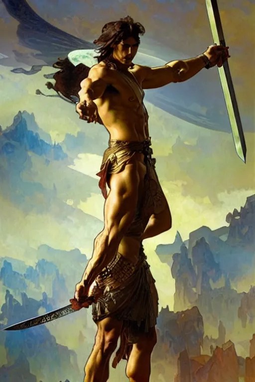 Prompt: A god holding a sword, muscular, fantasy, painting by greg rutkowski and alphonse mucha