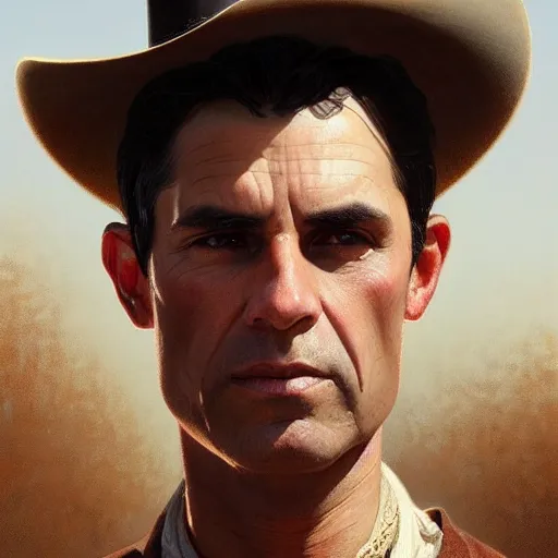 Image similar to clean shaven, tan, middle - aged christian priest with dark hair in wild west, portrait, highly detailed, digital painting, artstation, oppressive lighting, concept art, sharp focus, illustration, art by greg rutkowski and alphonse mucha