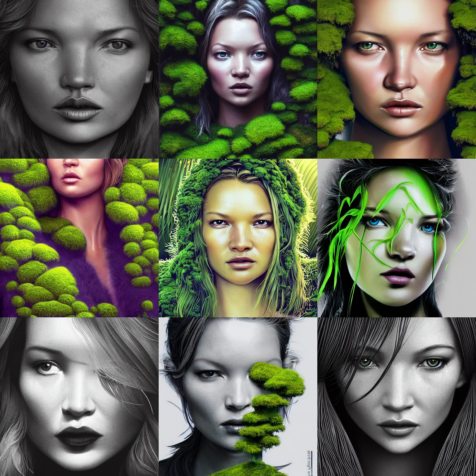 Image similar to portrait isometric drawing, printerest, close-up moss growing tropical kate moss like a mossy garden, face of kate moss, intricate, epic lighting, cinematic composition, hyper realistic, 8k resolution, unreal engine 5, by Artgerm, tooth wu, dan mumford, beeple, wlop, rossdraws, James Jean, Andrei Riabovitchev, Marc Simonetti, yoshitaka Amano, Artstation