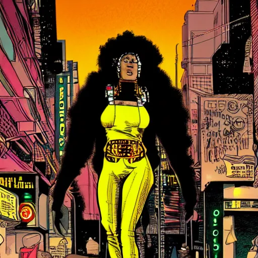 Prompt: afrofuturist woman walking down the busy street wearing gold jewelry, cyberpunk, far shot, retro comic art style, pastwl