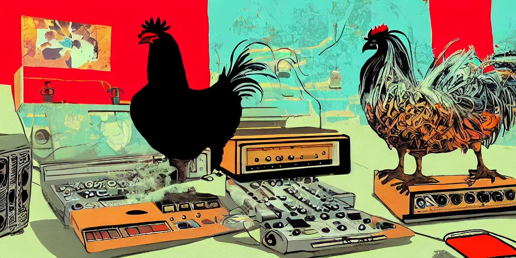 Prompt: 'black rooster'!!! smoking 'cannabis'!!!!!! in front of 'audio console'!!!! and 'multi monitors and projectors'!!!! 'in a hi-tech tv broadcasting studio with red camera rig'!!!!, artwork by James Gilleard