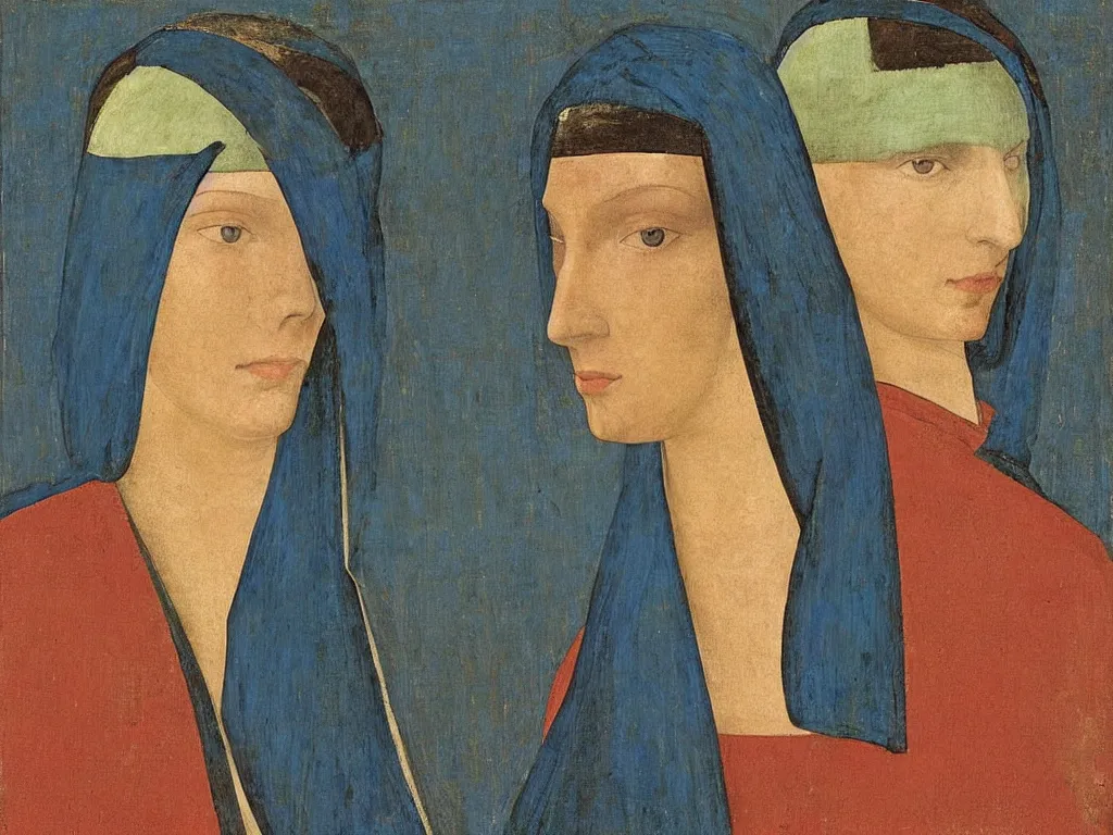 Image similar to portrait of a woman head with niqab. lapis - lazuli, turquoise, malachite, cinnabar, earth brown. painting by piero della francesca, balthus, agnes pelton