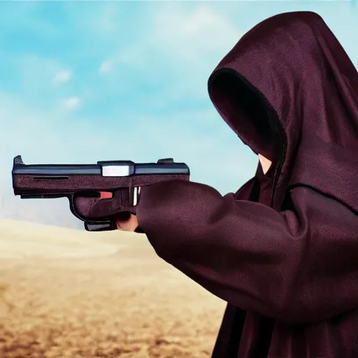 Image similar to a pistol wearing a dark cloak, photorealistic, highly detailed, sharp image