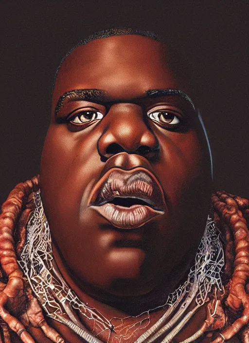 Prompt: portrait of the Notorious BIG with translucent skin, visible muscles and veins and arteries and bones and spines and nerves, beautiful detailed intricate insanely detailed octane render, 8k artistic photography, photorealistic, chiaroscuro, by David Cronenberg, Raphael, Caravaggio