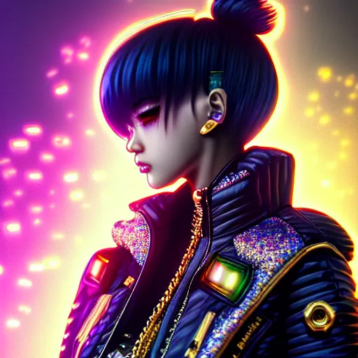 Image similar to hyperdetailed streets metals and shiny iridescent gems, dark rainbow nimbus, gold necklace, puffer jacket, inspired by ross tran and masamune shirow and kuvshinov, intricate, photorealistic, octane render, rtx, hdr, unreal engine, dnd digital art by artgerm