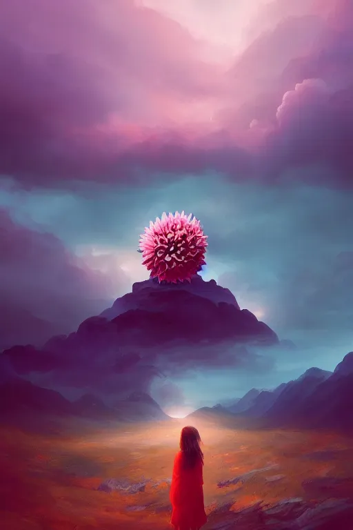 Image similar to closeup giant dahlia flower over the face, girl standing on mountain, surreal photography, blue storm clouds, dramatic light, impressionist painting, digital painting, artstation, simon stalenhag