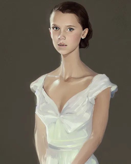 Prompt: a painting of a girl resembling alicia vikander or millie bobby brown in a wedding dress, highly detailed, artstation, concept art, by thomas canty
