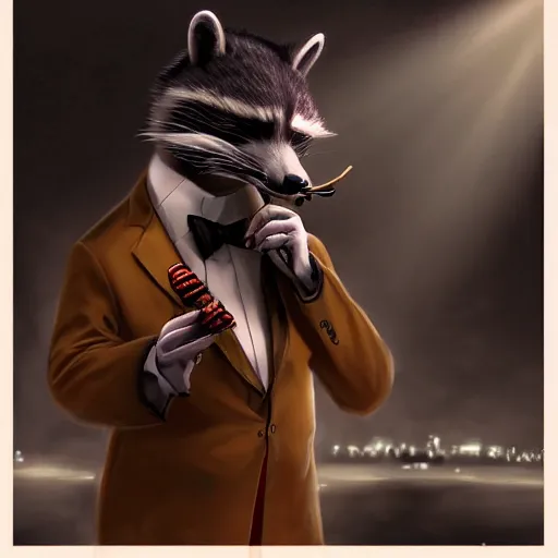 Image similar to a racoon wearing a suit smoking a cigar, dramatic lighting, cinematic, establishing shot, extremly high detail, photorealistic, cinematic lighting, artstation, style by James Gurney