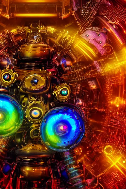 Prompt: portrait photo of a giant huge golden and blue metal futuristic steampunk robot covered with multicolored big gears and tubes, a huge steampunk drumset, eyes are glowing red lightbulbs, shiny crisp finish, 3 d render, animusic, 8 k, insaneley detailed, fluorescent colors, background is multicolored lasershow